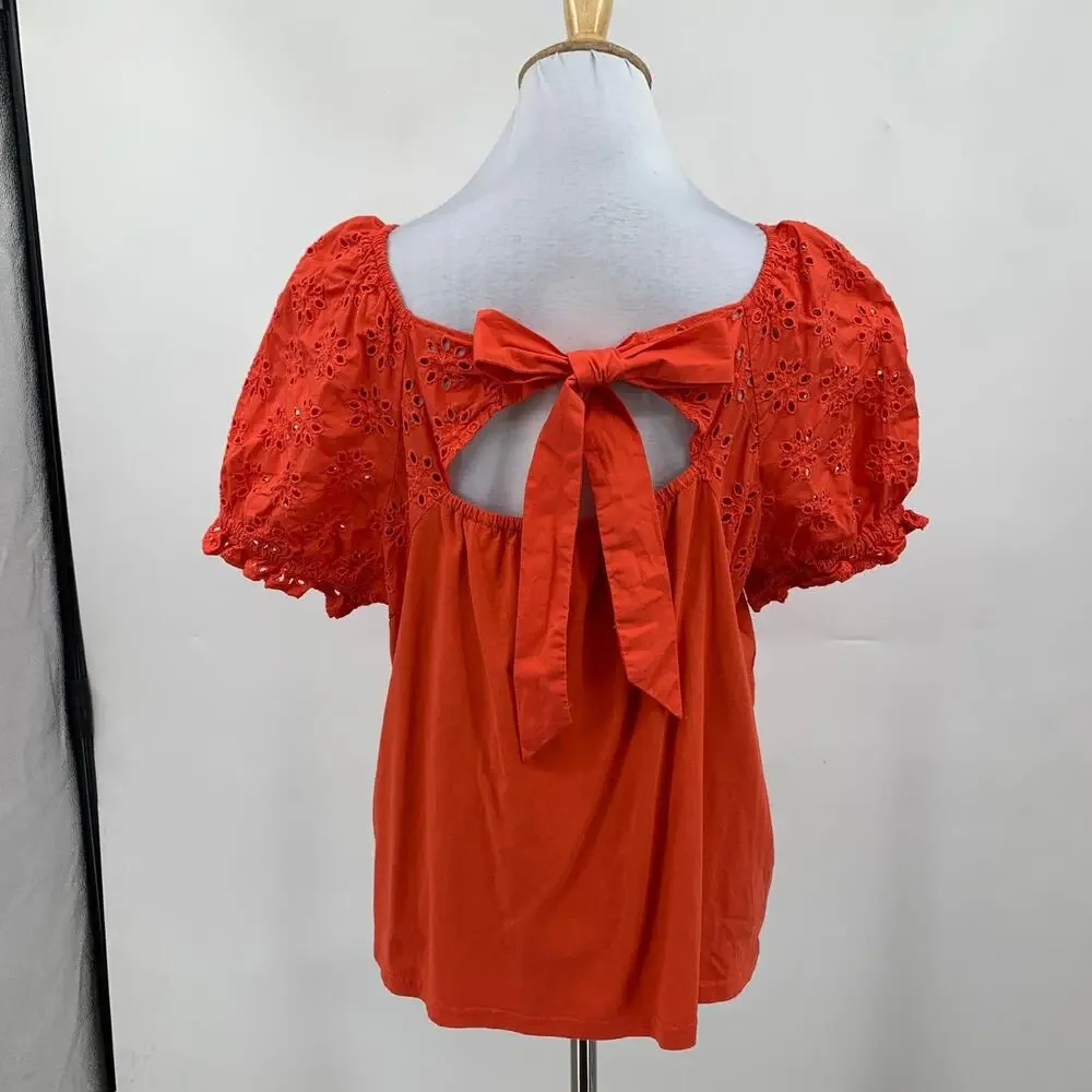 J Crew Top Womens L Large Pimento Cotton Eyelet Puff Sleeve Bow Tie Cutout Back